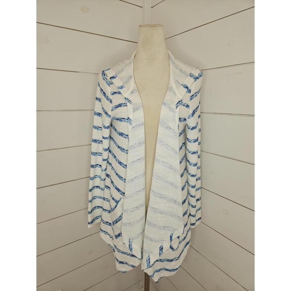 Isabella's Closet Medium White with turquoise stripes flowy cardigan or cover-up
